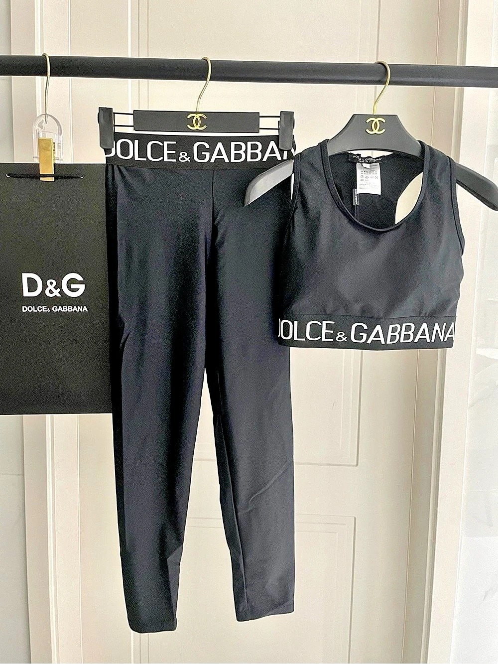 Dolce & Gabbana Logo-Band Sports Bra Black Leggings Set Small NWT